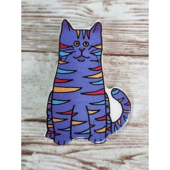 The Wendelline 2" Striped Cat 1994 Retro Vintage Pin Brooch Purple Feline - Picture 1 of 5